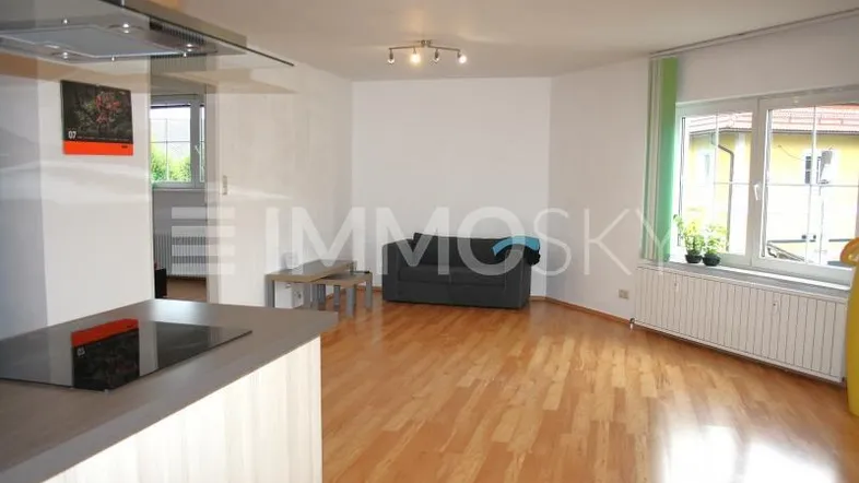 Heller offener Wohnbereich mit Holzboden, Sofa und integrierter Küchenzeile mit Kochfeld.
