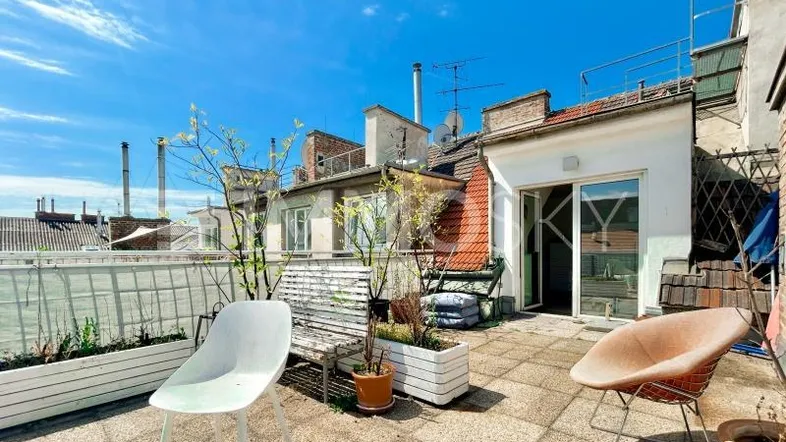 Sonnige Dachterrasse mit Sitzgelegenheiten, Pflanzen und Blick über die Dächer der Stadt.