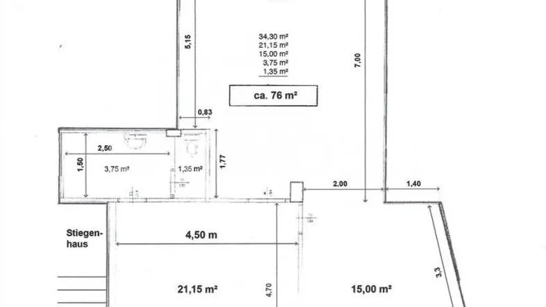 Detaillierter Grundrissplan mit Raummaßen und Gesamtfläche von ca. 76 m².