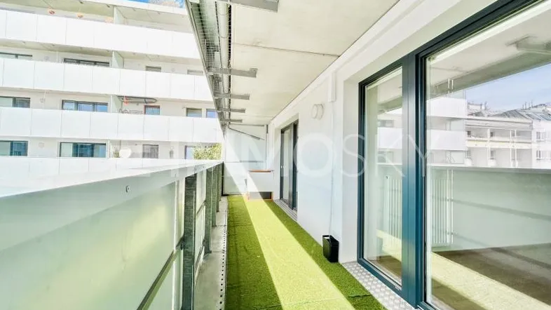 Langer, schmaler Balkon mit Kunstrasen und Glasgeländer, bietet Zugang zu den Innenräumen.