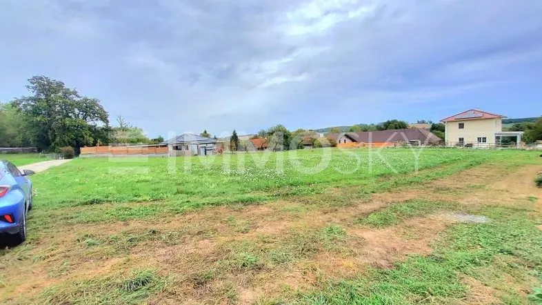 Großes Grundstück mit Grasfläche und Häusern im Hintergrund unter bewölktem Himmel.