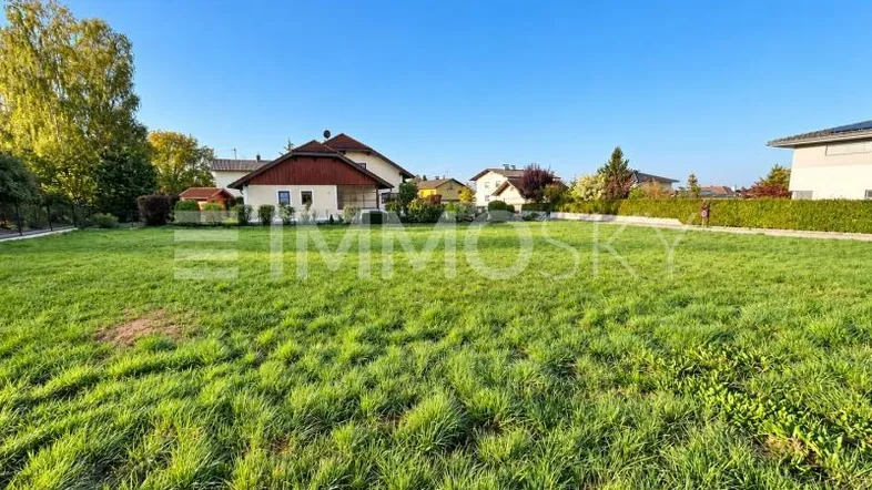 Grüne Wiese eines Baugrundstücks mit umliegenden Wohnhäusern unter blauem Himmel.