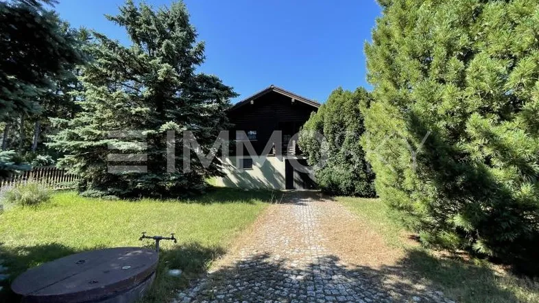Eingangsbereich eines Holzhauses im Chalet-Stil mit gepflasterter Auffahrt und umgebenden Bäumen.