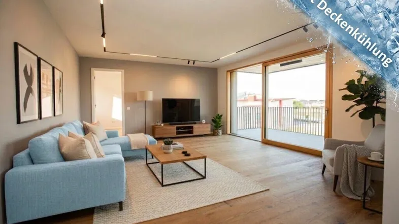 Helles Wohnzimmer mit modernem Design, Holzboden, Zugang zum Balkon und integrierter Deckenkühlung.