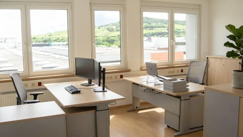 Helles Büro mit mehreren Arbeitsplätzen, großen Fenstern und Blick ins Grüne.