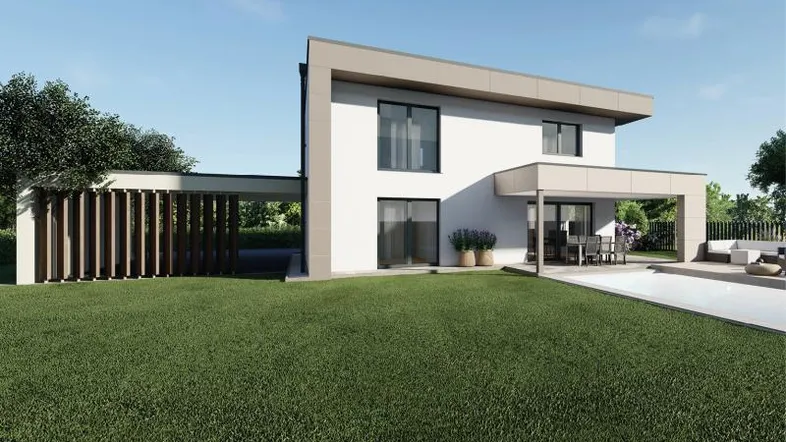 Moderne Einfamilienhaus-Visualisierung mit Flachdach, Carport und großzügiger Terrasse mit Pool.