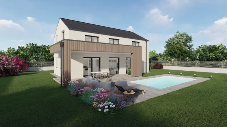 Moderne Hausvisualisierung mit Garten, Pool und Terrasse für entspanntes Wohnen im Grünen.