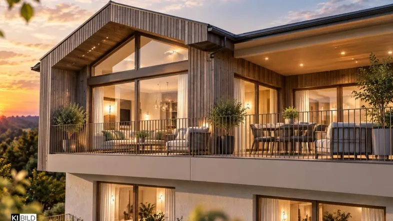 Exklusive Penthouse-Terrasse mit Holzelementen, Sitzgelegenheiten und weitem Blick über den Attersee.