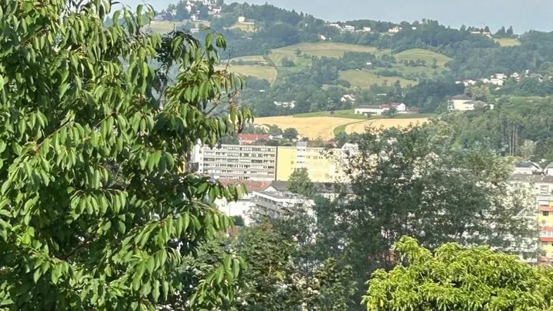 Panoramablick über grüne Hügel und eine Stadt mit einer Kirche in der Ferne.