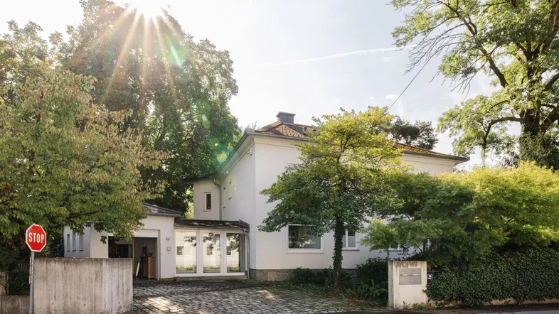 Weißes Wohnhaus umgeben von Bäumen und viel Grün, mit sonnigem Eingangsbereich und gepflasterter Auffahrt.