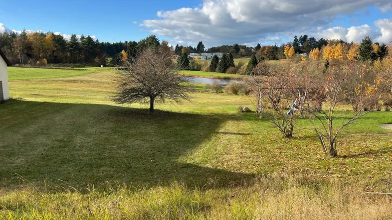 Weitläufiger Gartenbereich mit Rasenfläche, Bäumen und Blick auf einen Teich in ländlicher Umgebung.