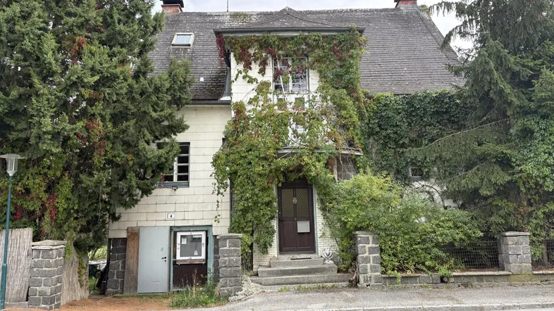 Altes, charmantes Haus mit üppigem Efeu bewachsen und traditioneller Architektur.