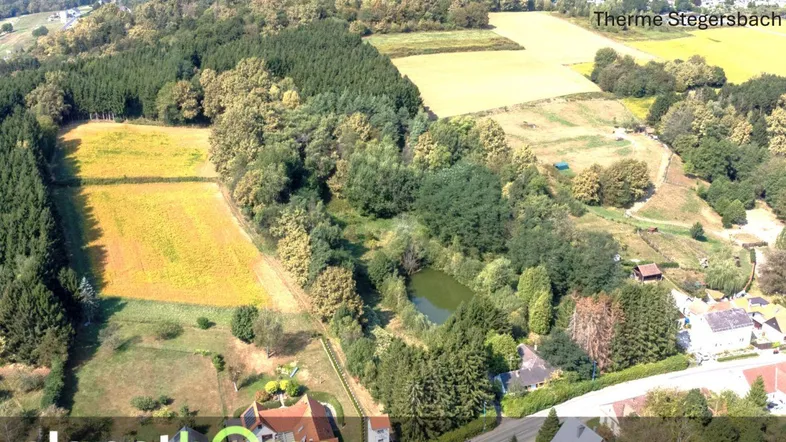 Luftaufnahme der ländlichen Umgebung mit Wäldern, Feldern, einem Teich und einigen Häusern.