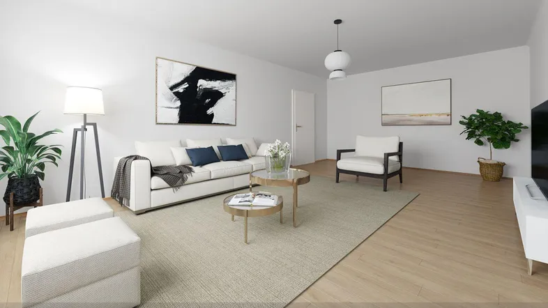 Helles und modern eingerichtetes Wohnzimmer mit Parkettboden und stilvollen Möbeln.