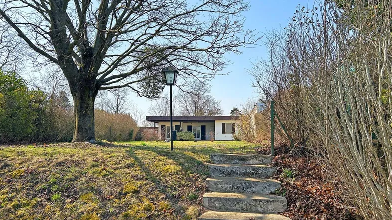 Blick auf das Haus von unten, mit Steinstufen und einem großen Baum im Vordergrund.