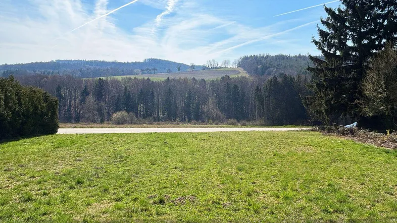 Weitläufige Grünfläche mit Blick auf bewaldete Hügel und blauen Himmel.