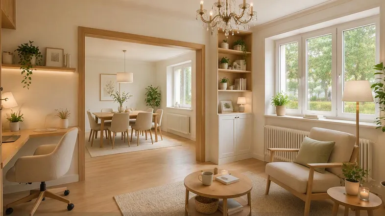 Helles Wohnzimmer mit modernem Dekor, Arbeitsbereich und Blick in den Essbereich.
