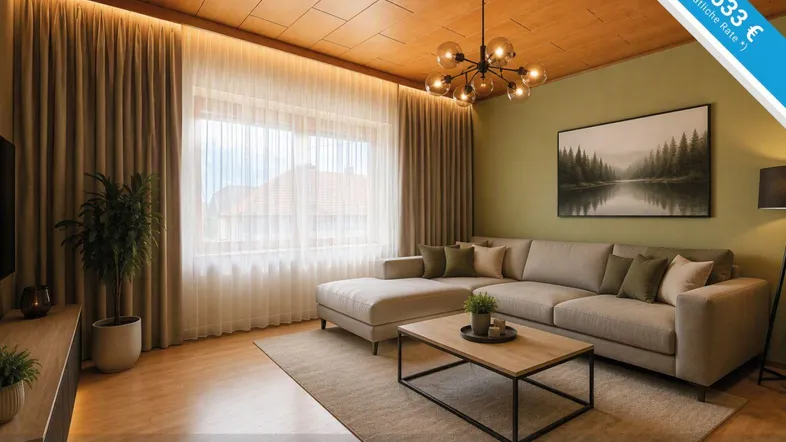 Helles Wohnzimmer mit modernem Sofa, Holzbalkendecke und indirekter Beleuchtung.