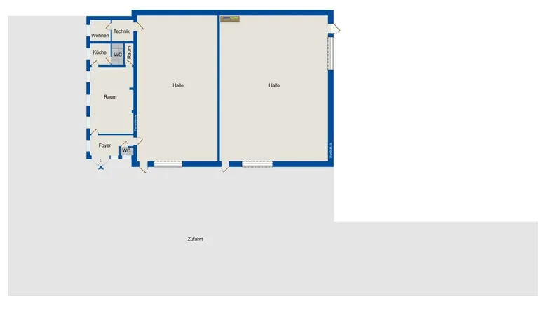 Grundrissplan zeigt die Aufteilung eines Gebäudes mit Wohnbereich, Küche, Foyer, Technikraum und zwei großen Hallen.