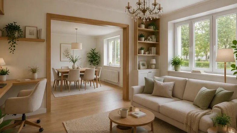 Helles Wohnzimmer mit beigem Sofa, Schreibtischbereich und Blick ins Grüne, offen zum Esszimmer.