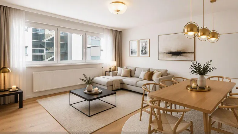 Helles Wohn- und Esszimmer mit modernem Design, Parkettboden und stilvollen Pendelleuchten.