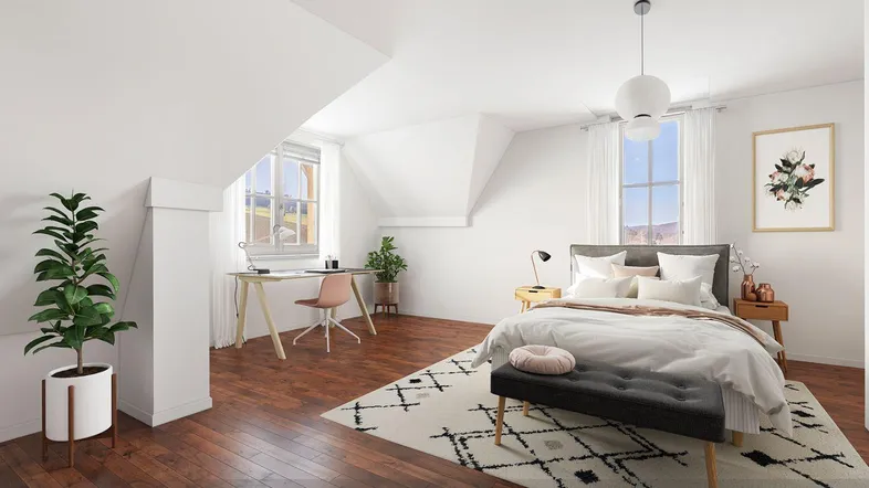 Helles Schlafzimmer im Dachgeschoss mit Holzboden, Schreibtisch und modernem Dekor sowie Bergblick.