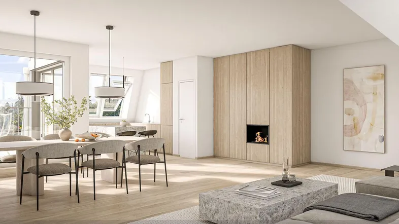 Modernes, offenes Wohnzimmer mit Kamin, Essbereich und integrierter Küche, hell und geräumig.