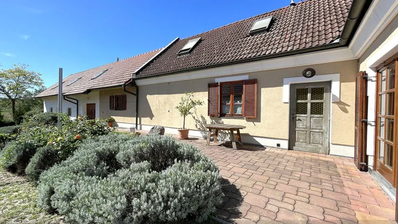 Gepflasterte Terrasse vor dem Haus mit Holztisch und Blick auf die grüne Umgebung unter blauem Himmel.