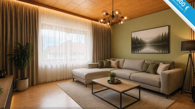 Helles Wohnzimmer mit modernem Sofa, Holzdecke und grünen Wänden, ausgestattet mit stilvoller Beleuchtung.