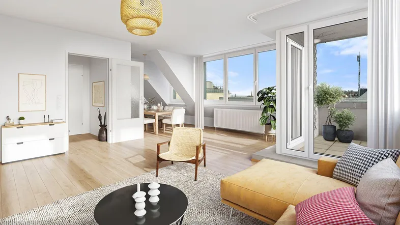 Heller Wohn- und Essbereich mit Holzboden, Zugang zur Terrasse und moderner Einrichtung.