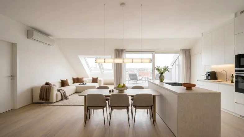 Heller, offener Wohn-Essbereich mit integrierter Küche, modernen Möbeln und Zugang zur Dachterrasse.