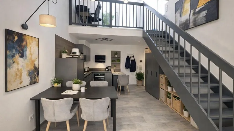 Moderner offener Wohnbereich mit Essplatz, integrierter Küche und Treppe zur Galerieebene.