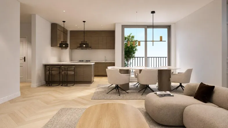Moderner offener Wohn- und Essbereich mit integrierter Küche und Zugang zum Balkon.