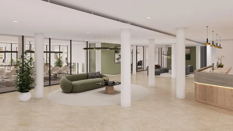 Moderne Bürolobby mit Empfangsbereich, bequemen Sitzgelegenheiten und großen Säulen, die den Raum strukturieren.