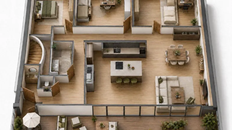 3D-Grundriss einer modernen Wohnung mit offenem Wohnbereich, drei Schlafzimmern und großer Terrasse.