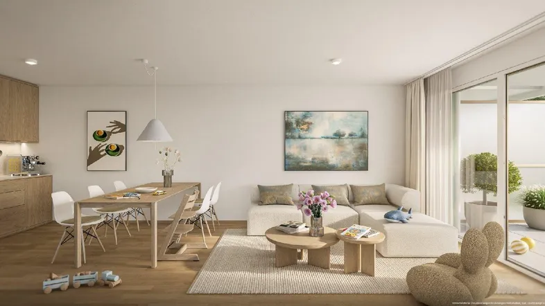 Heller, offener Wohn- und Essbereich mit integrierter Holzküche und Zugang zum Balkon.