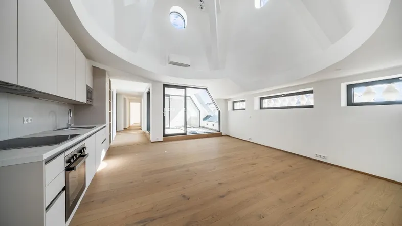 Heller offener Wohnbereich mit moderner Küchenzeile, Holzboden und einzigartiger gewölbter Decke mit Oberlichtern.