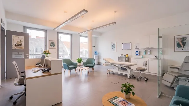 Modernes medizinisches Büro mit Empfangsbereich, Wartezone und Untersuchungsraum, ausgestattet mit großen Fenstern für viel Tageslicht.