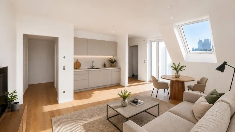 Heller, offener Wohn- und Essbereich mit moderner Küchenzeile, Holzboden und Dachfenster mit Stadtblick.