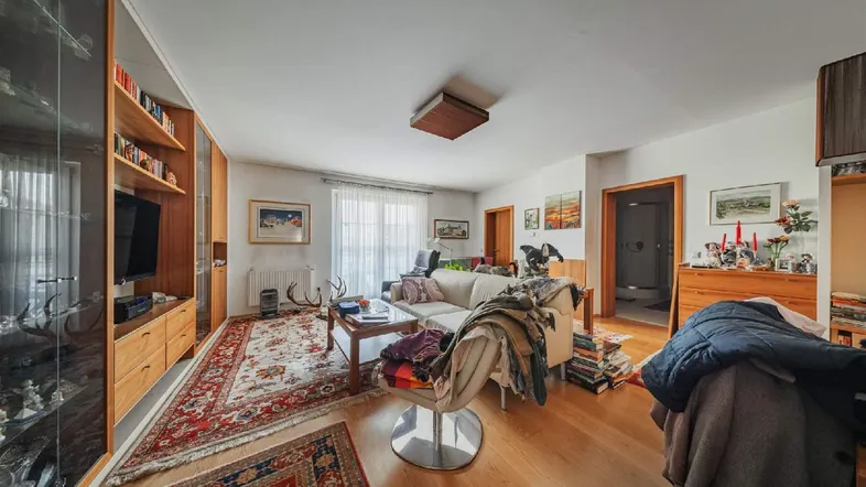 Geräumiges Wohnzimmer mit Parkettboden, Teppichen und integrierten Holzregalen.