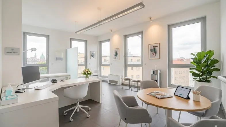 Helles und modernes Büro mit großen Fenstern, Schreibtisch und kleinem Besprechungstisch, bietet viel Tageslicht und Stadtblick.