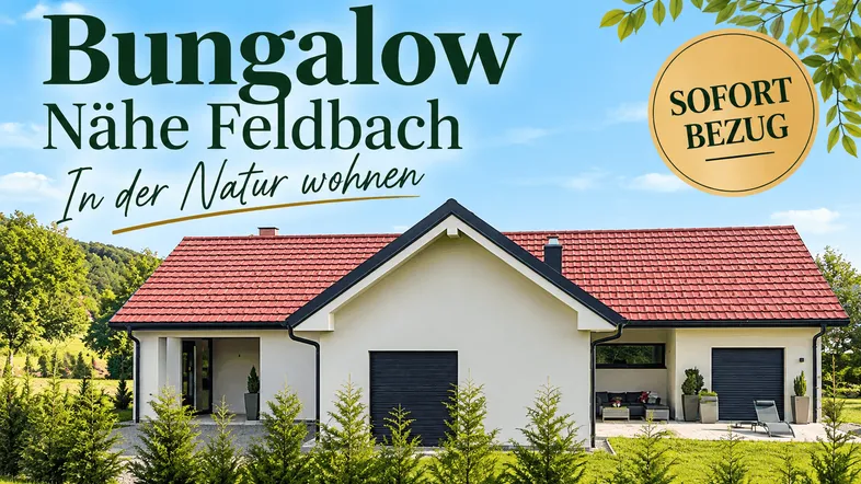 Moderner Bungalow mit rotem Ziegeldach und weißer Fassade, umgeben von grüner Natur und Hügeln.