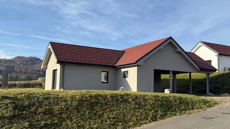 Ansicht des neuen Einfamilienhauses mit integriertem Carport und rotem Ziegeldach in ländlicher Umgebung.