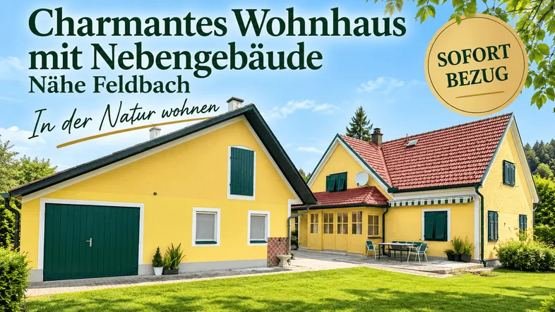Charmantes gelbes Wohnhaus mit rotem Ziegeldach, Nebengebäude und möblierter Terrasse im Grünen.