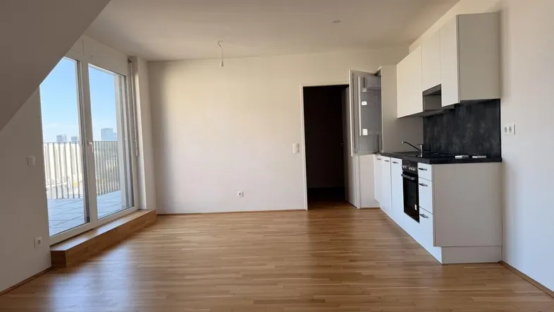 Heller offener Wohnbereich mit integrierter Küche, Holzboden und Zugang zu einer großzügigen Terrasse.