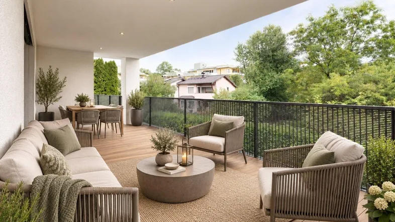 Geräumige Terrasse mit Holzboden, bequemen Loungemöbeln und Essbereich im Freien.