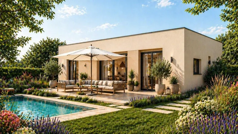 Moderne Villa mit Pool, großer Terrasse und gepflegtem Garten unter blauem Himmel.