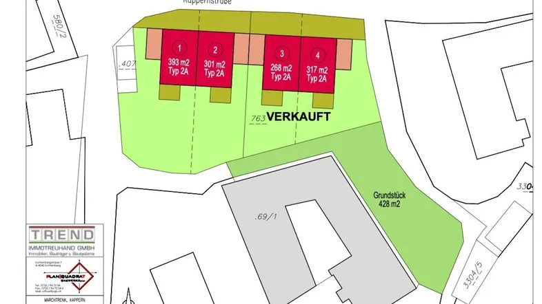 Übersichtlicher Lageplan mit vier Baugrundstücken an der Kappernstraße und angrenzenden Grünflächen.
