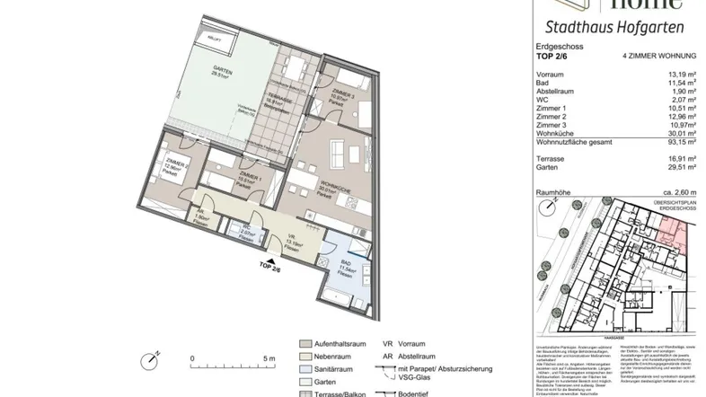 Grundriss einer 4-Zimmer-Wohnung im Erdgeschoss mit großzügiger Terrasse und Garten.