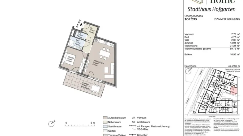 Grundriss einer 2-Zimmer-Wohnung im Obergeschoss mit Balkon und offener Wohnküche.